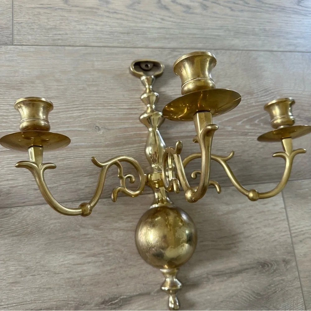 Vintage Solid Brass Three Candle Holders Wall Mount 2 As Set